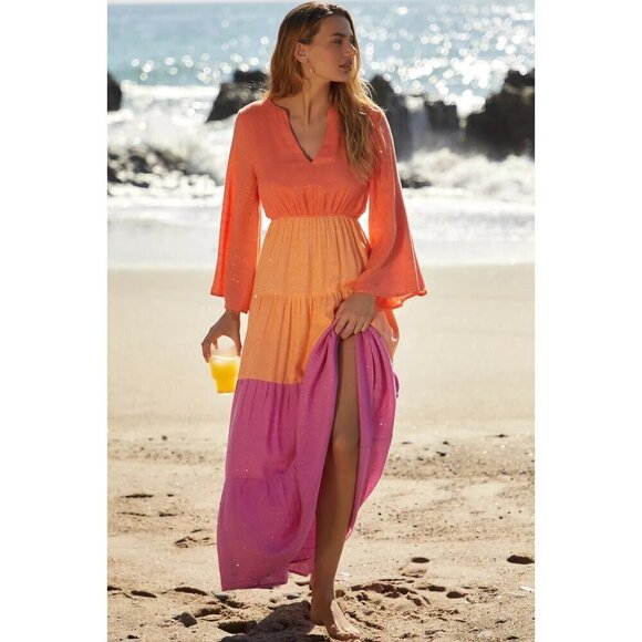 NWT PQ Anthropologie Lila Multi Colored Tiered Maxi Dress Cover Up XS / S Orange - Picture 1 of 9